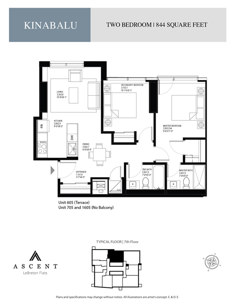 Floor plan for 2 beds, 2 baths, 843 sqft
